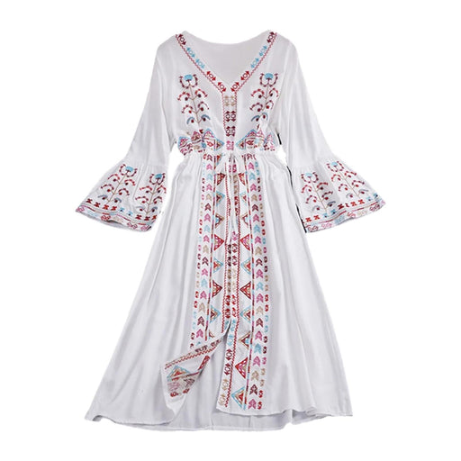 Crofta Women Dress Embroidered Floral Casual Beach Dress for Street Daily Festivals White