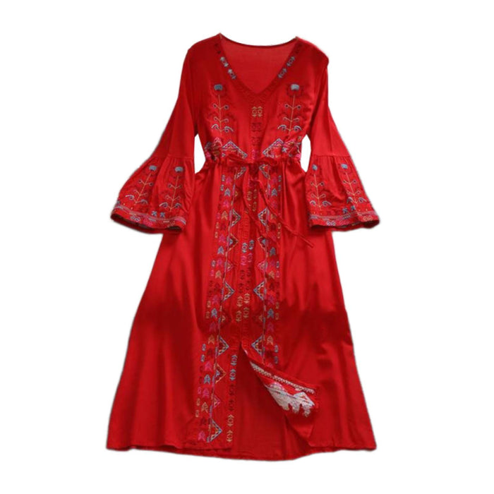 Crofta Women Dress Embroidered Floral Casual Beach Dress for Street Daily Festivals Red