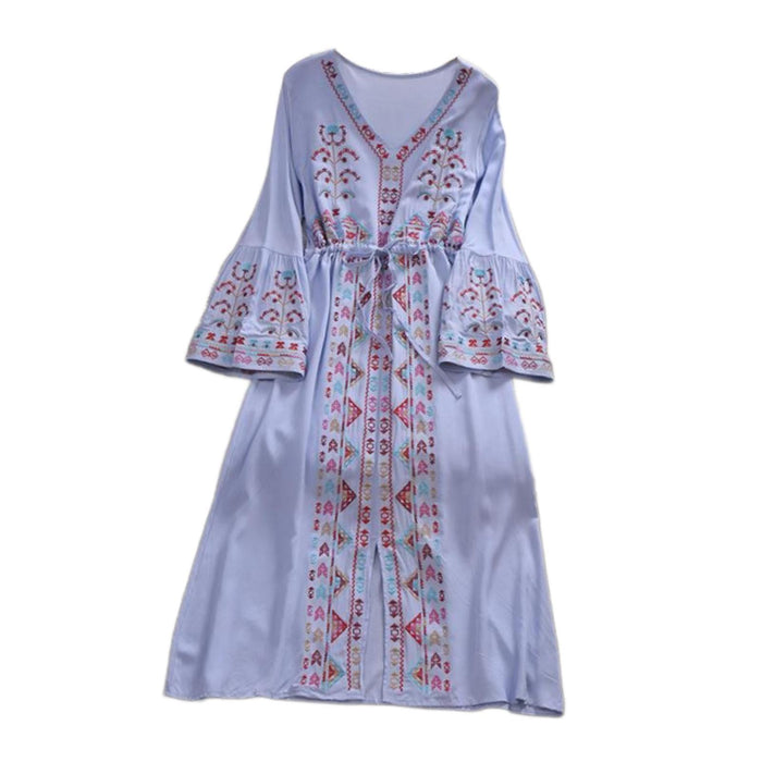 Crofta Women Dress Embroidered Floral Casual Beach Dress for Street Daily Festivals Light Blue