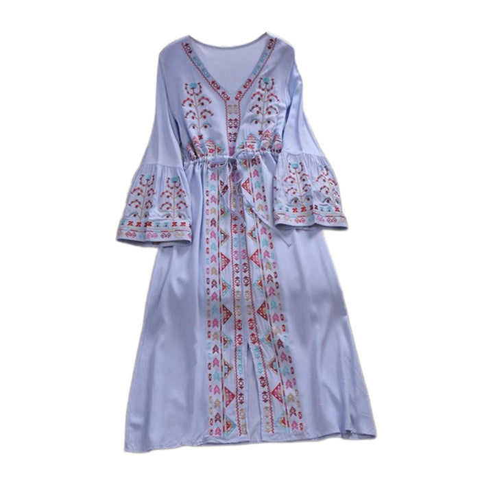 Crofta Women Dress Embroidered Floral Casual Beach Dress for Street Daily Festivals Light Blue