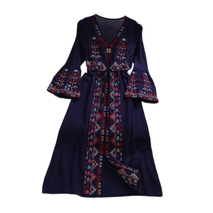 Crofta Women Dress Embroidered Floral Casual Beach Dress for Street Daily Festivals Dark Blue