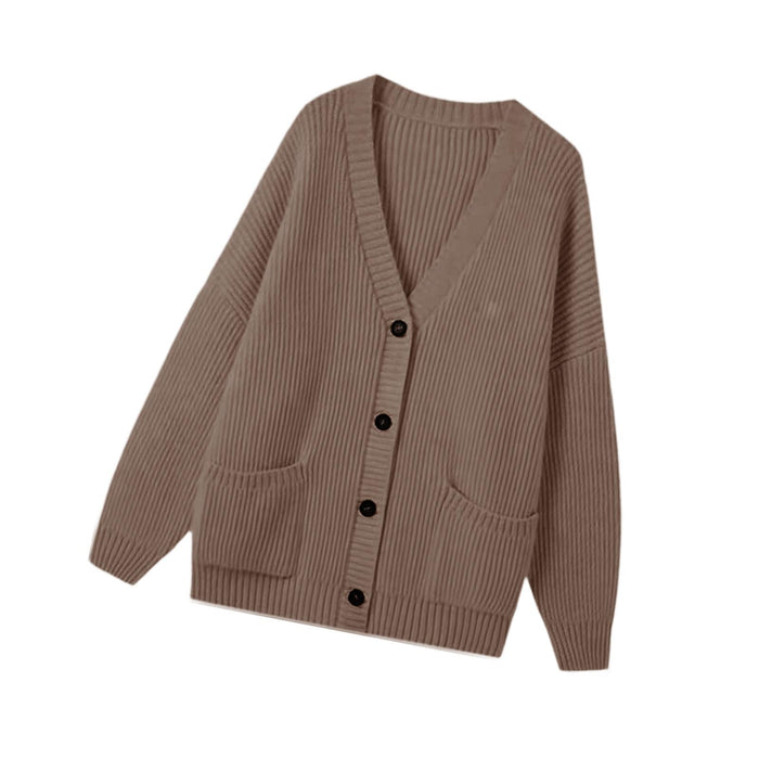 Crofta Women's Cardigan Sweater with Pockets Fall Clothes Loose V Neck with Buttons Khaki