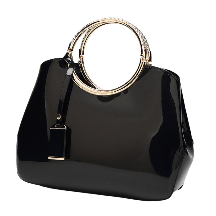 Crofta Glossy Patent Leather Handbag Shoulder Bag Portable Soft Gift Women Tote Bag Black