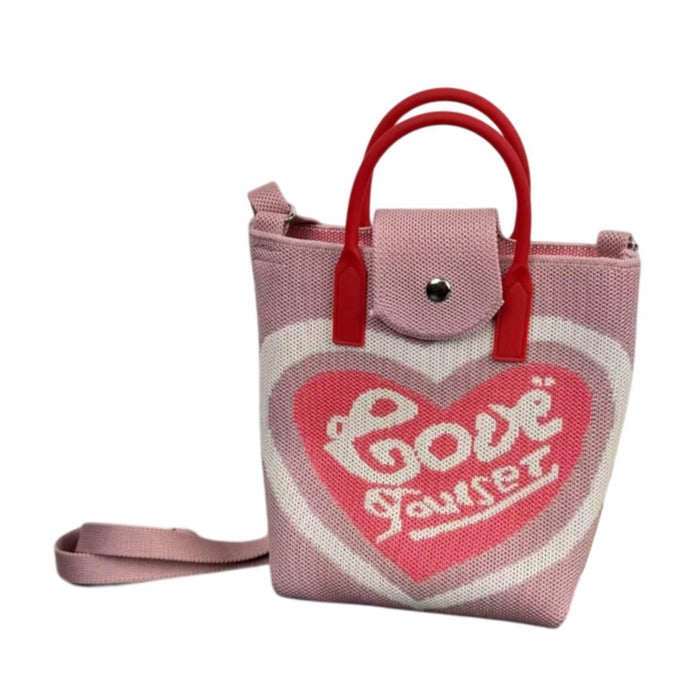 Crofta Women Knitted Phone Bag Cute Knit Bag Mini Handbag for Shopping Dating Party Pink Love Heart