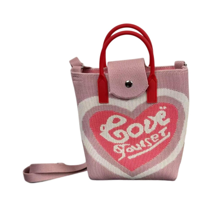 Crofta Women Knitted Phone Bag Cute Knit Bag Mini Handbag for Shopping Dating Party Pink Love Heart