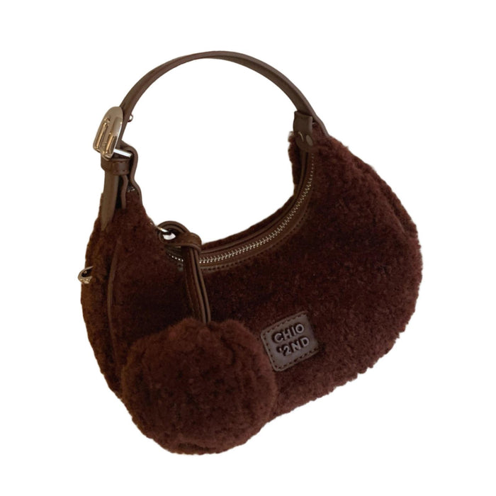 Crofta Plush Tote Bag for Women Crescent Bag Small Clutch Trendy Mini Crossbody Bag Brown