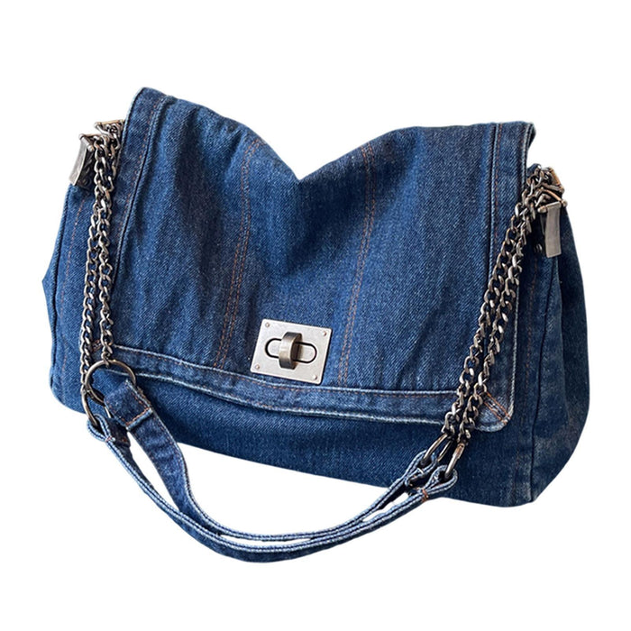 Crofta Women Denim Shoulder Bag Classical Handbag for Party Favors Outdoor Shopping Deep Blue