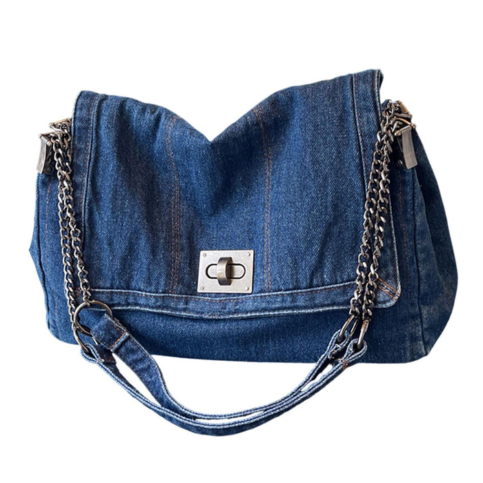 Crofta Women Denim Shoulder Bag Classical Handbag for Party Favors Outdoor Shopping Deep Blue