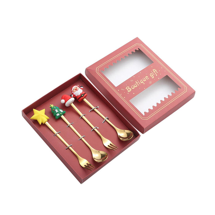 Xmas Spoons Flatware Tea Spoons Kitchen Tableware for Iced Tea Sundae Drinks Red Box with Forks