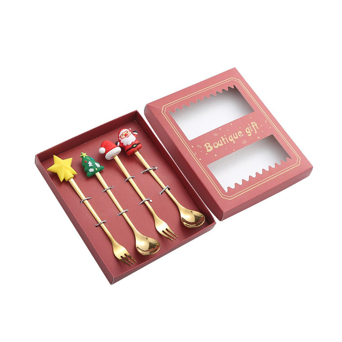 Xmas Spoons Flatware Tea Spoons Kitchen Tableware for Iced Tea Sundae Drinks Red Box with Forks