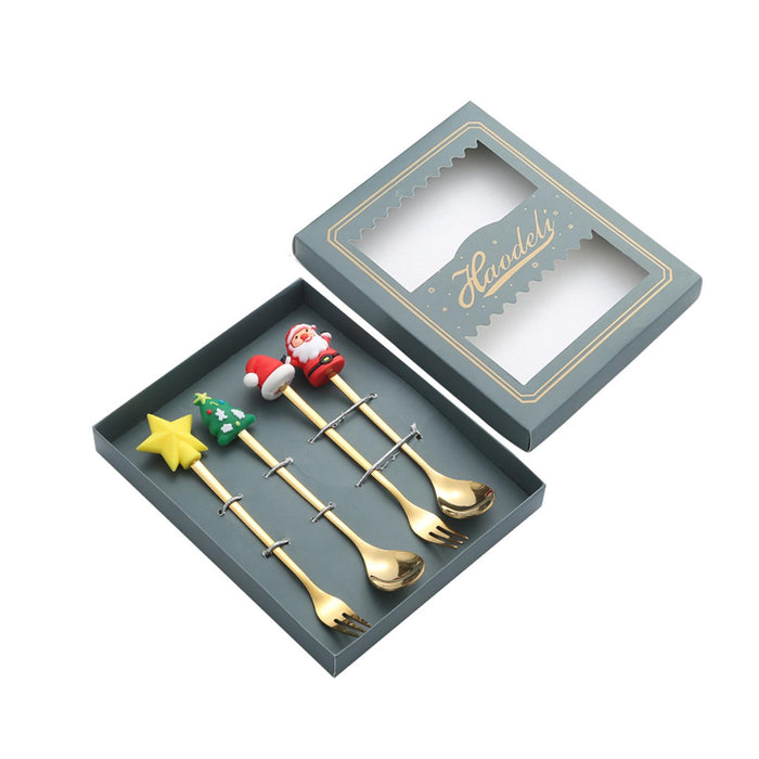 Xmas Spoons Flatware Tea Spoons Kitchen Tableware for Iced Tea Sundae Drinks Green Box with Forks