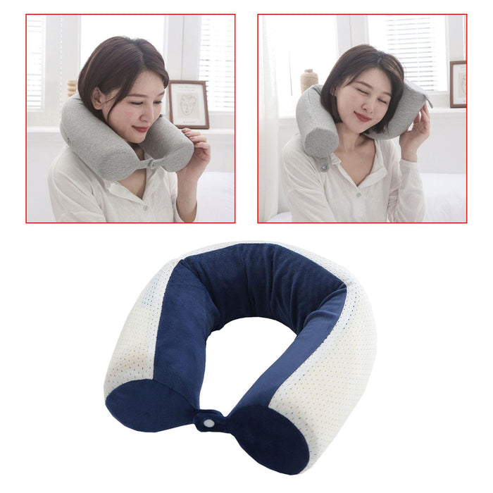 Travel Pillow Ergonomic Neck Support Pillow for Home Traveling Sleeping Blue and White