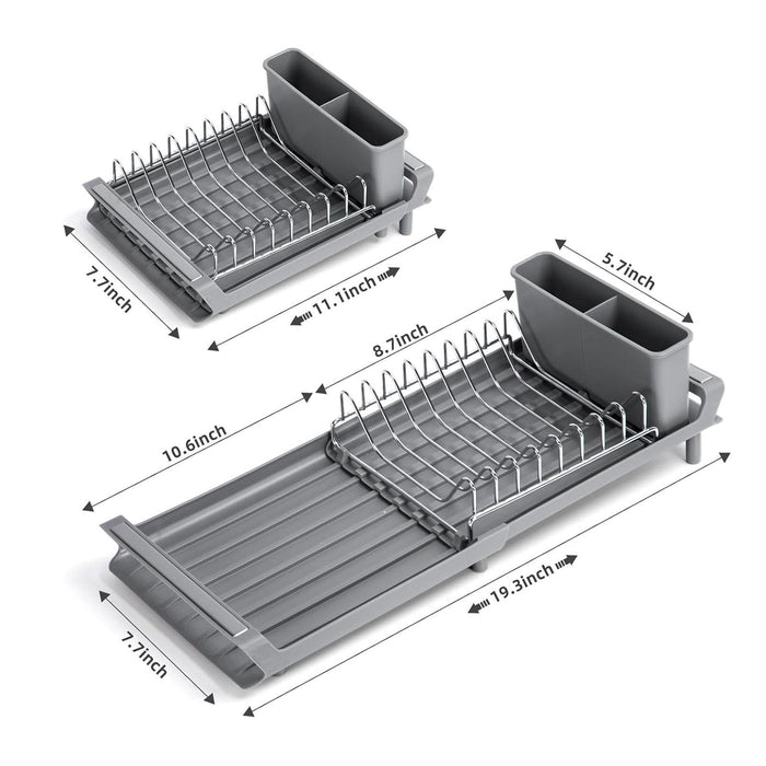 Dish Drying Rack Extendable with Cutlery Holder with Drainboard Dish Drainer Gray