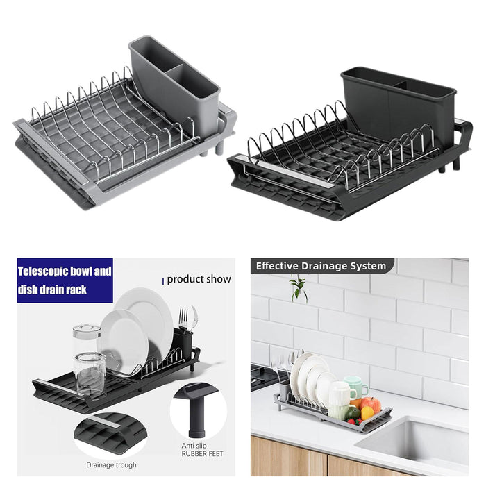 Dish Drying Rack Extendable with Cutlery Holder with Drainboard Dish Drainer Gray