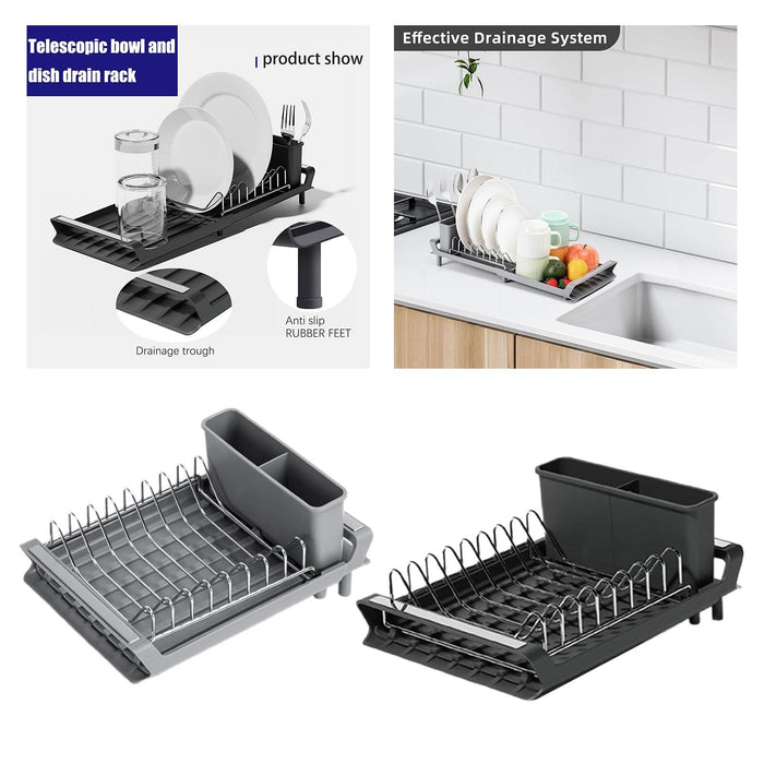 Dish Drying Rack Extendable with Cutlery Holder with Drainboard Dish Drainer Gray