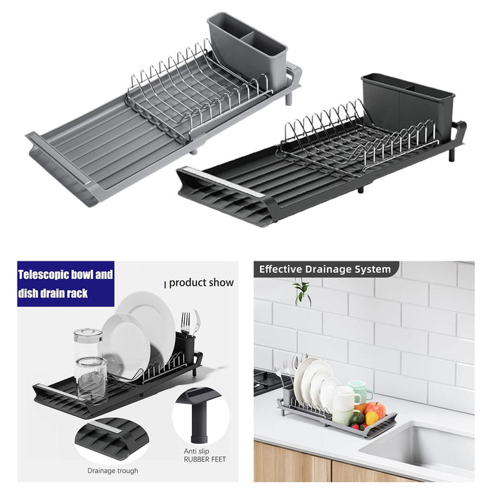 Dish Drying Rack Extendable with Cutlery Holder with Drainboard Dish Drainer Gray