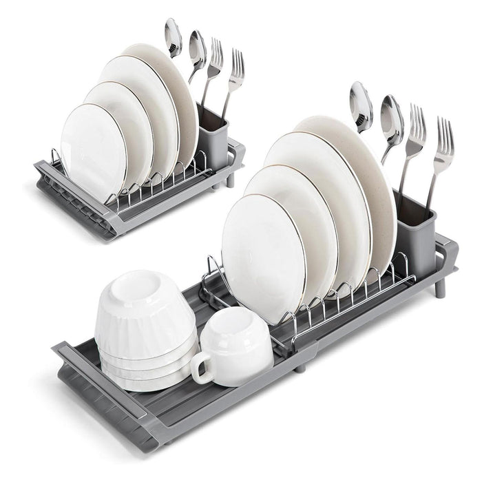 Dish Drying Rack Extendable with Cutlery Holder with Drainboard Dish Drainer Gray