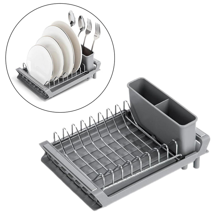 Dish Drying Rack Extendable with Cutlery Holder with Drainboard Dish Drainer Gray