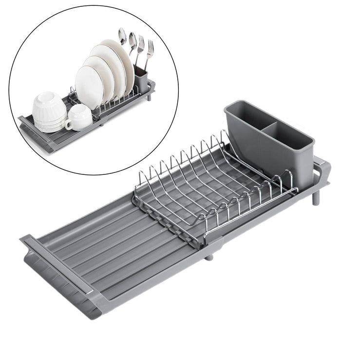 Dish Drying Rack Extendable with Cutlery Holder with Drainboard Dish Drainer Gray