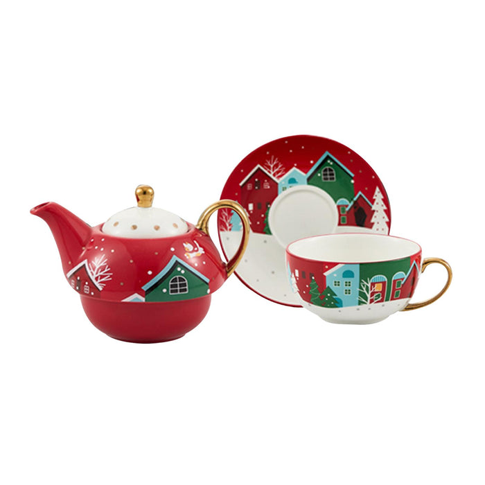 Tea Pot with Tea Cup and Saucer Gift Espresso Latte Mug for Milks Cappuccino Red