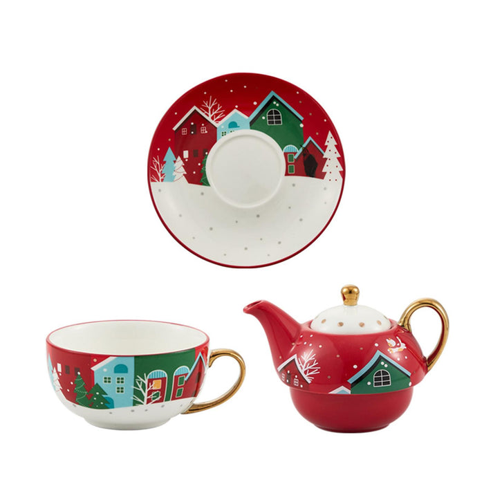 Tea Pot with Tea Cup and Saucer Gift Espresso Latte Mug for Milks Cappuccino Red