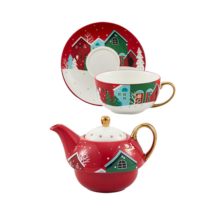 Tea Pot with Tea Cup and Saucer Gift Espresso Latte Mug for Milks Cappuccino Red