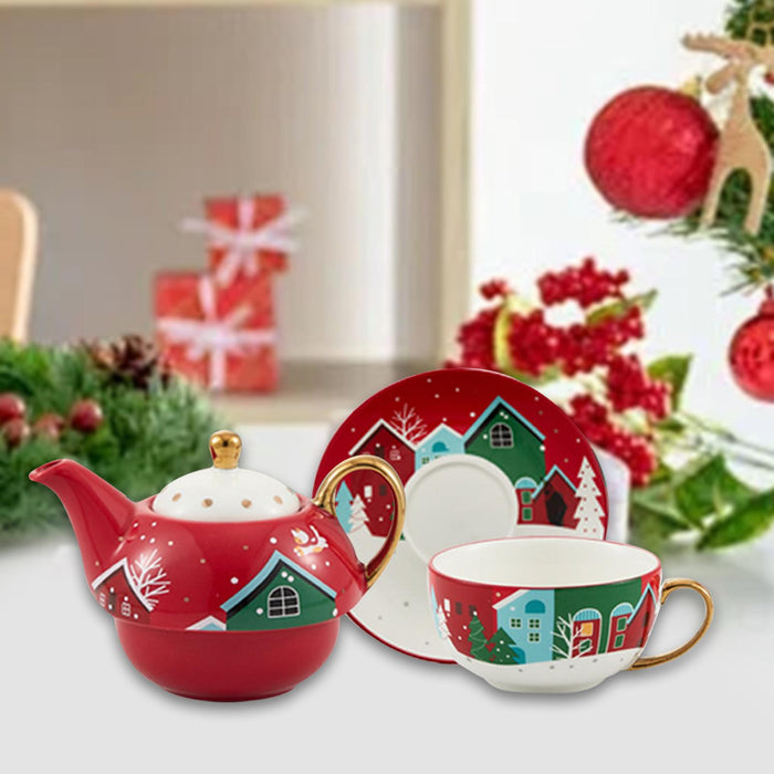 Tea Pot with Tea Cup and Saucer Gift Espresso Latte Mug for Milks Cappuccino Red