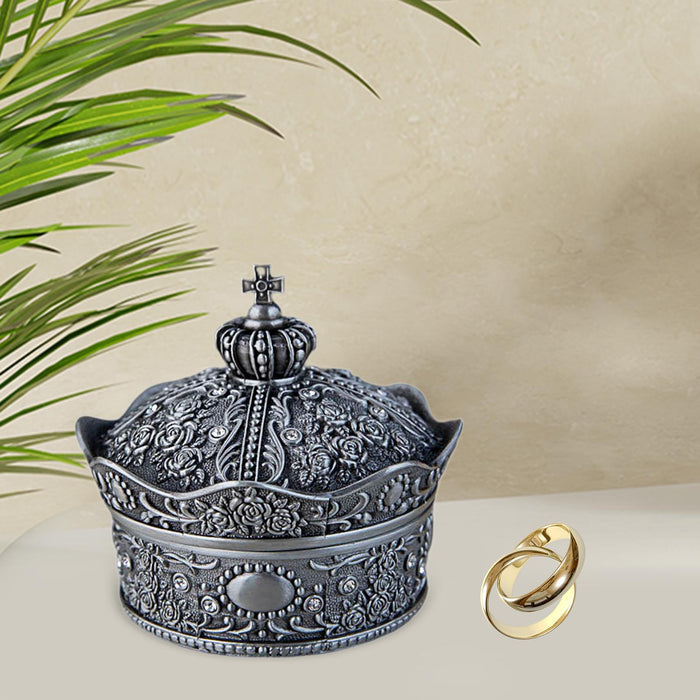 Jewelry Storage Box with Lid Creative Crown Design for Anniversary Gift Home Silver