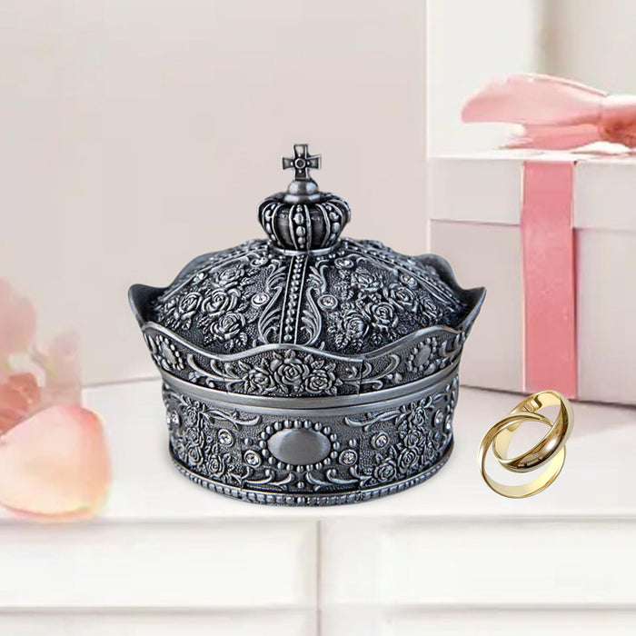 Jewelry Storage Box with Lid Creative Crown Design for Anniversary Gift Home Silver