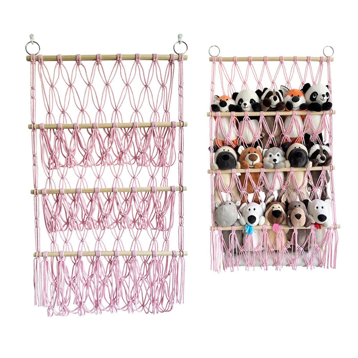 Wall Mounted Macrame Toy Organizer Storage Mesh Holder for Bedroom Kids Room Blue