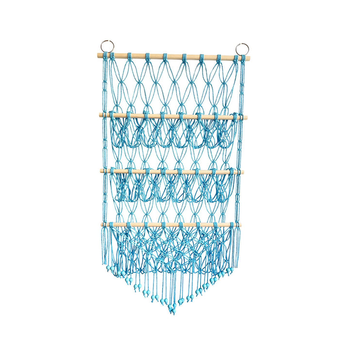 Wall Mounted Macrame Toy Organizer Storage Mesh Holder for Bedroom Kids Room Blue