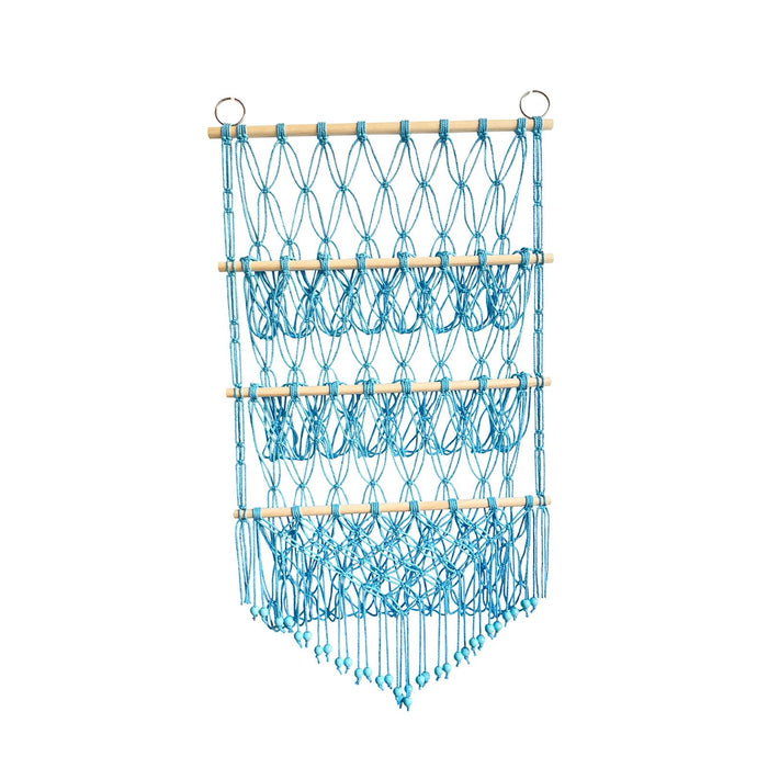 Wall Mounted Macrame Toy Organizer Storage Mesh Holder for Bedroom Kids Room Blue