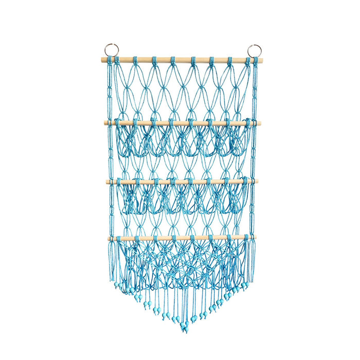 Wall Mounted Macrame Toy Organizer Storage Mesh Holder for Bedroom Kids Room Blue