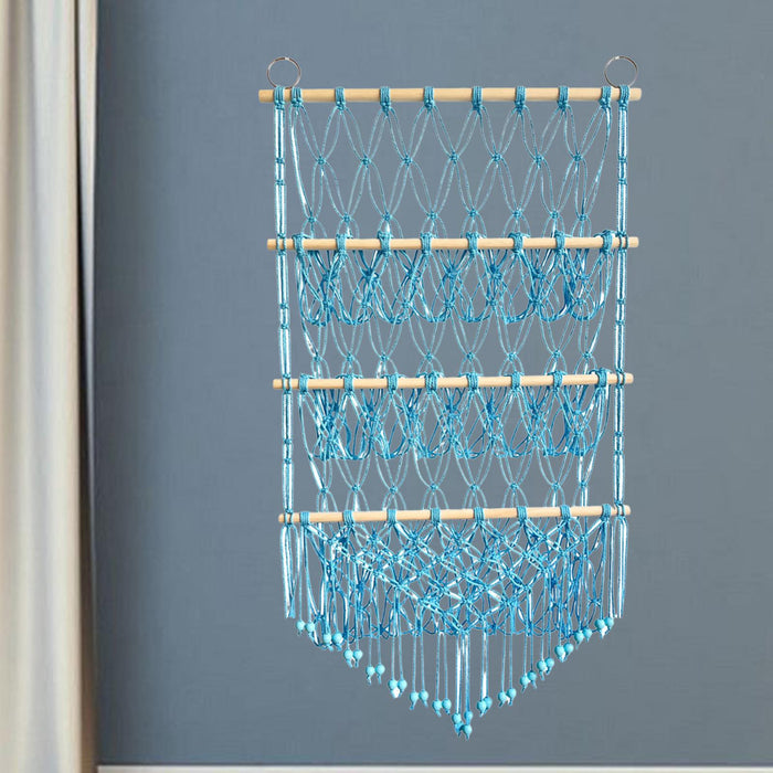 Wall Mounted Macrame Toy Organizer Storage Mesh Holder for Bedroom Kids Room Blue