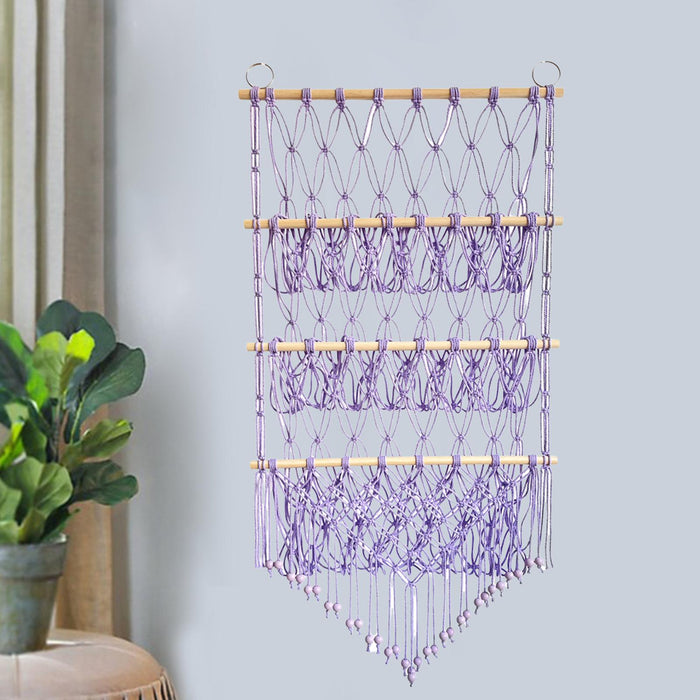 Wall Mounted Macrame Toy Organizer Storage Mesh Holder for Bedroom Kids Room Purple