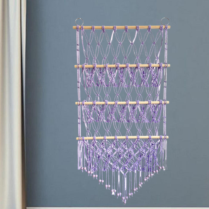 Wall Mounted Macrame Toy Organizer Storage Mesh Holder for Bedroom Kids Room Purple