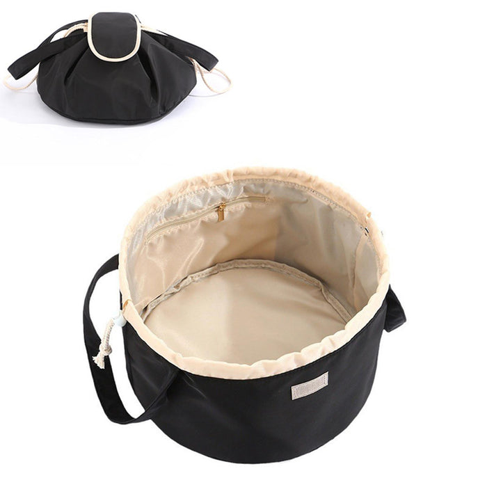 Drawstring Makeup Bag Portable with Handle Water Resistant Make up Organizer Black