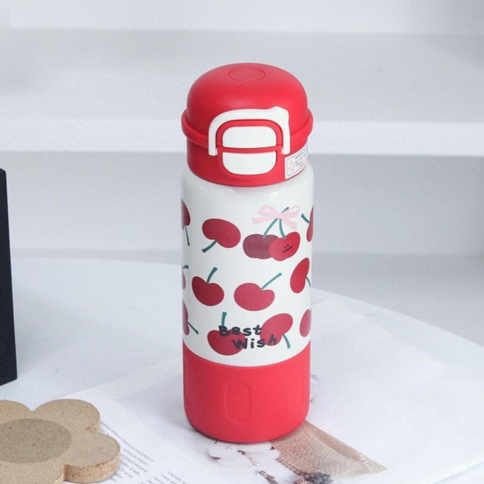 Insulated Water Bottle Portable Cartoon Water Cup for Outdoor Camping Red Cherry