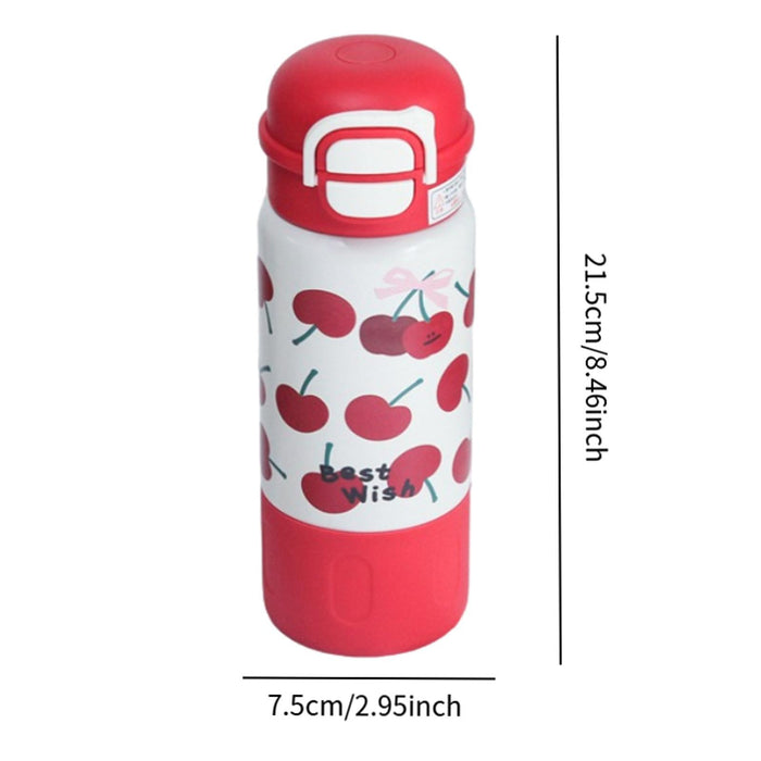 Insulated Water Bottle Portable Cartoon Water Cup for Outdoor Camping Red Cherry