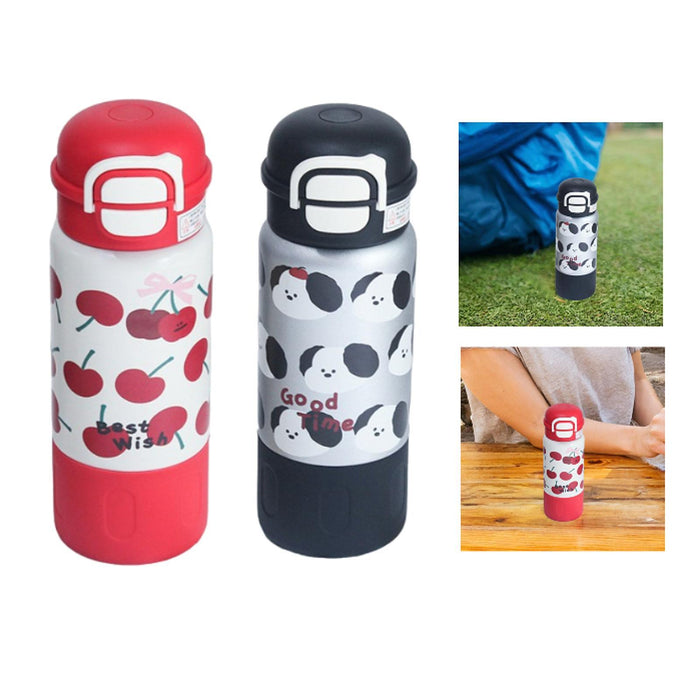 Insulated Water Bottle Portable Cartoon Water Cup for Outdoor Camping Red Cherry