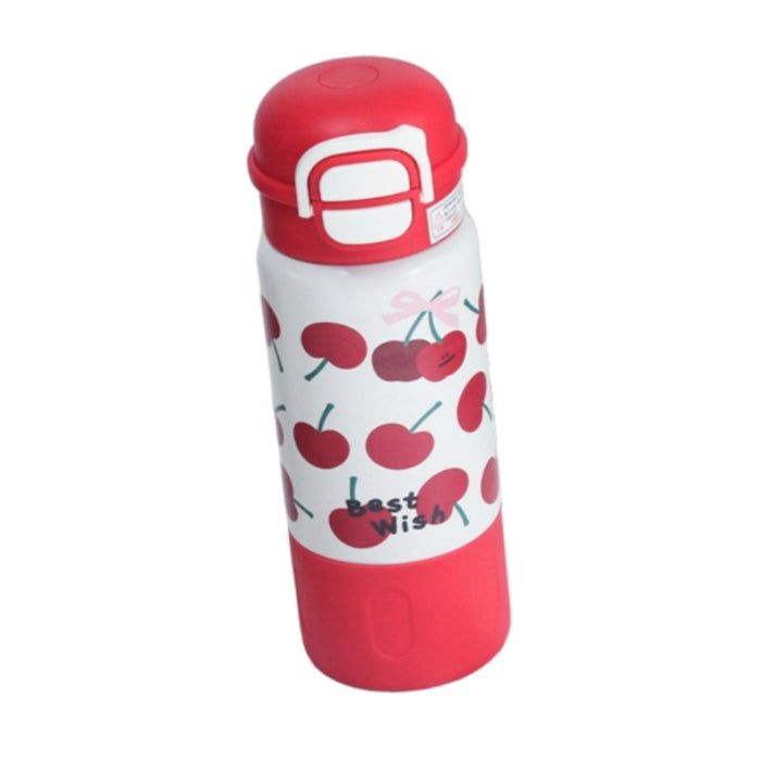 Insulated Water Bottle Portable Cartoon Water Cup for Outdoor Camping Red Cherry