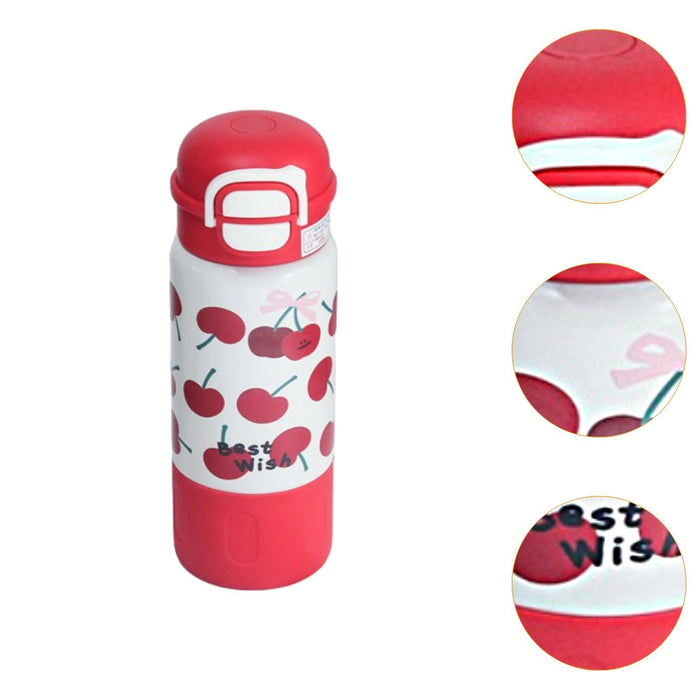 Insulated Water Bottle Portable Cartoon Water Cup for Outdoor Camping Red Cherry