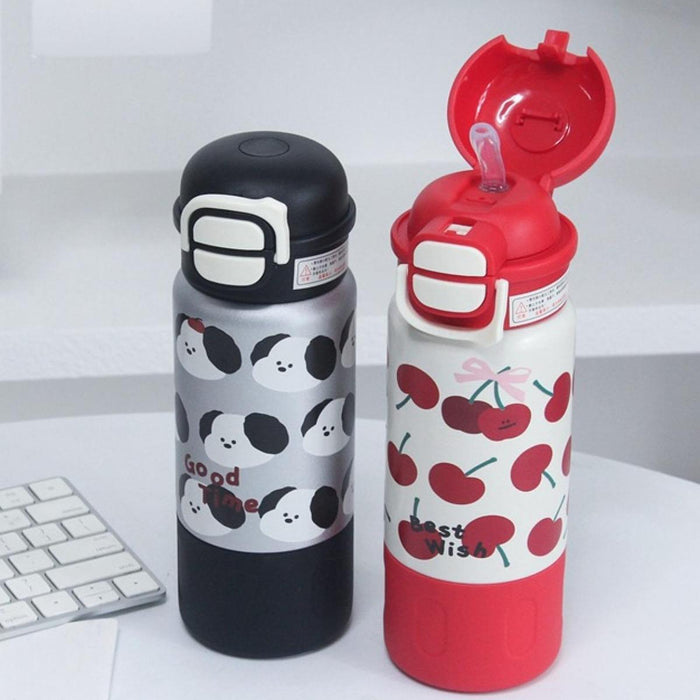 Insulated Water Bottle Portable Cartoon Water Cup for Outdoor Camping Red Cherry