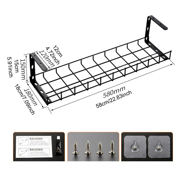 Under Desk Wire Organizing Tray Easy to Install Computer Cable Rack for Home Black