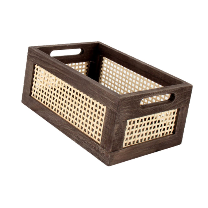 Crofta Wooden Basket Portable Rattan Storage Basket for Display Shelf Cabinet Books brown 30x20x14cm