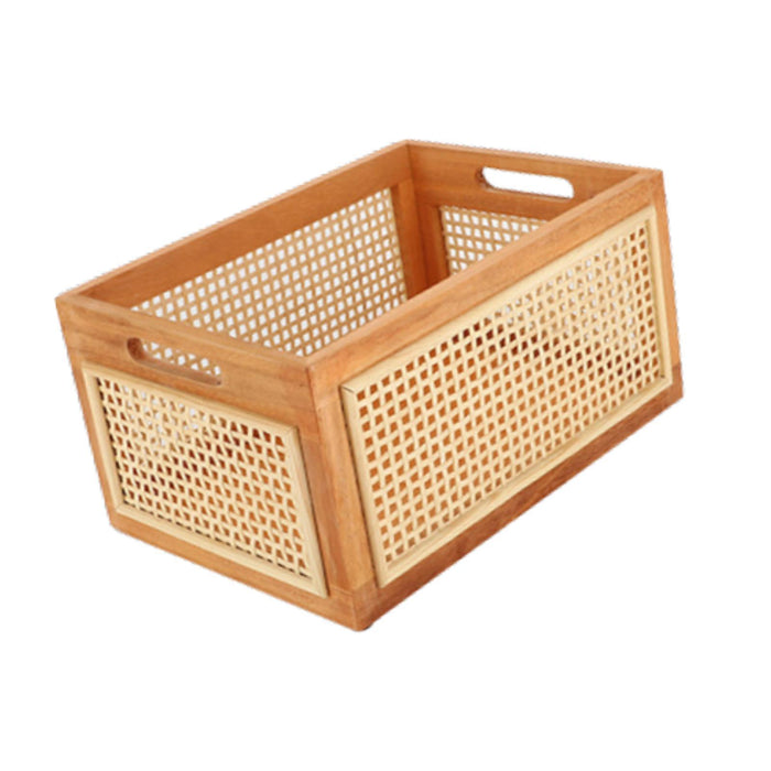 Crofta Wooden Basket Portable Rattan Storage Basket for Display Shelf Cabinet Books wood 35x25x16cm