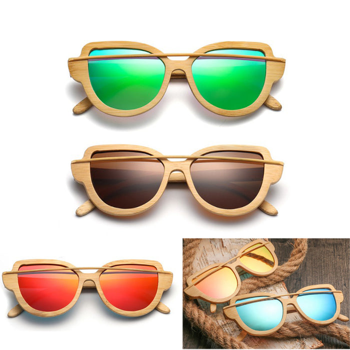 Crofta Women Handmade Bamboo UV 400 Polarized Sunglasses Wood Glasses + Box Pink