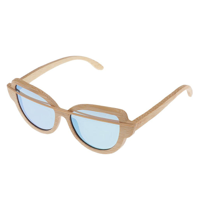 Crofta Women Handmade Bamboo UV 400 Polarized Sunglasses Wood Glasses + Box Blue