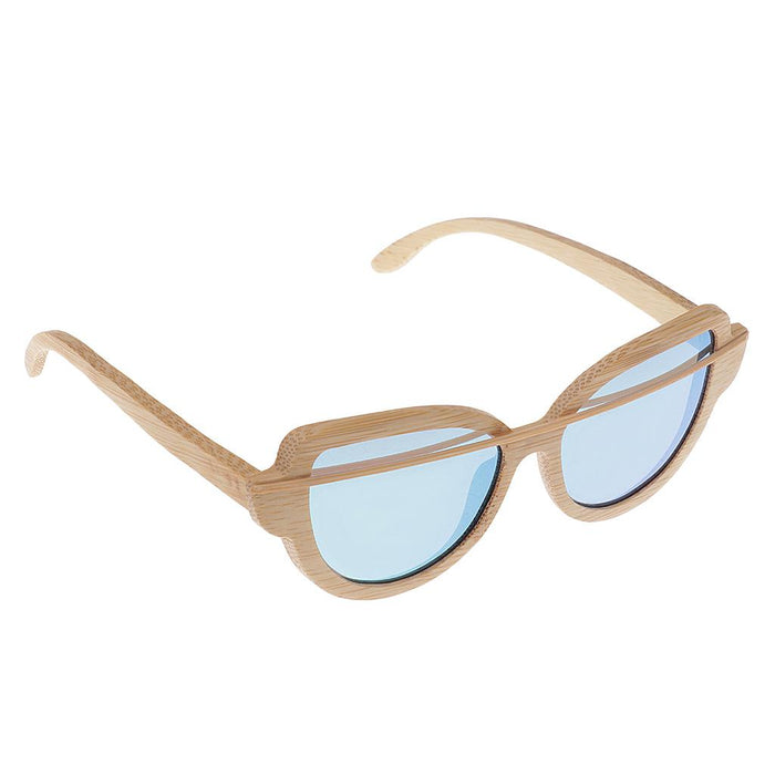 Crofta Women Handmade Bamboo UV 400 Polarized Sunglasses Wood Glasses + Box Blue