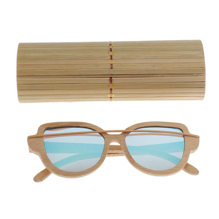 Crofta Women Handmade Bamboo UV 400 Polarized Sunglasses Wood Glasses + Box Blue